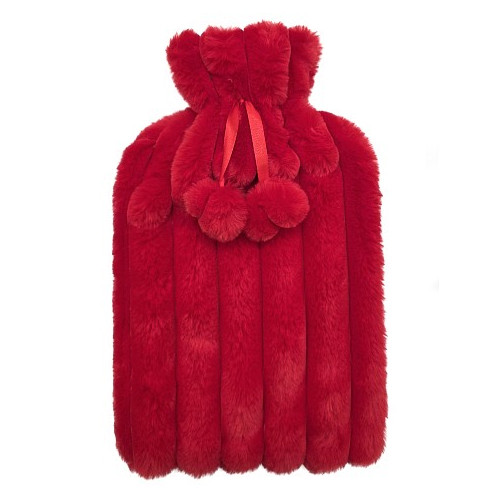 Bouillotte Fourrure Pompon Rayé Rouge