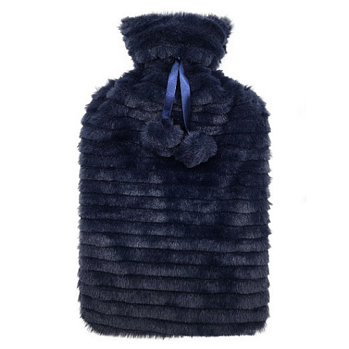 Bouillotte Fourrure Pompon Rayé Bleu Marine