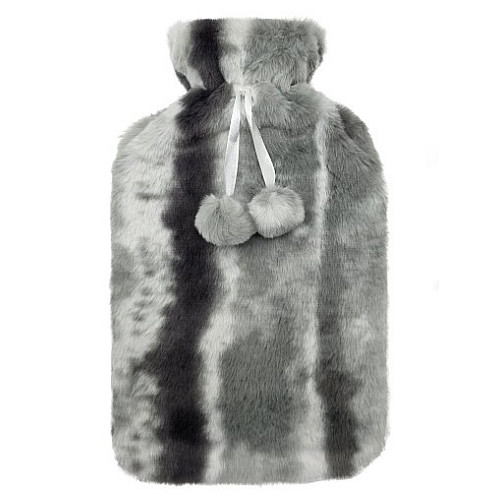 Bouillotte Fourrure Pompon Rayé Grise